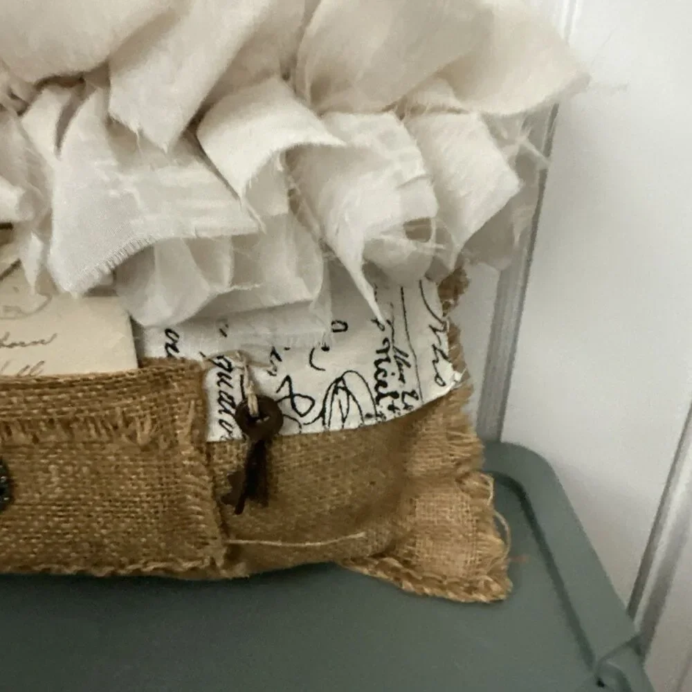 Vintage Burlap Pillow Organza Ruffles  Handwritten Letter Shabby Chic Farmhouse